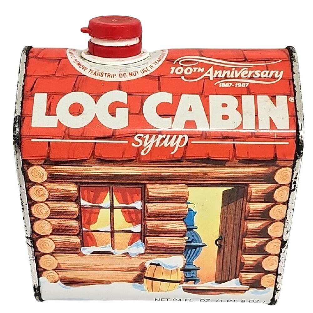 Log Cabin Syrup Vintage 100th Anniversary 1887-1987 Tin with Red Cap 4.75" Tall